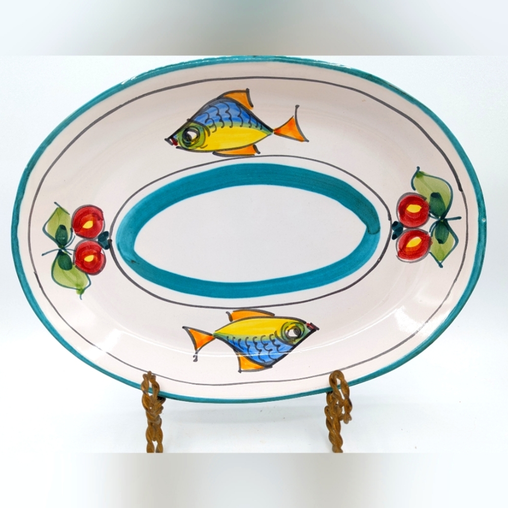 Ceram Vietri Serving Platter Hand Painted Fish Cherries Made in Italy 12.5 x 9" - Picture 1 of 5